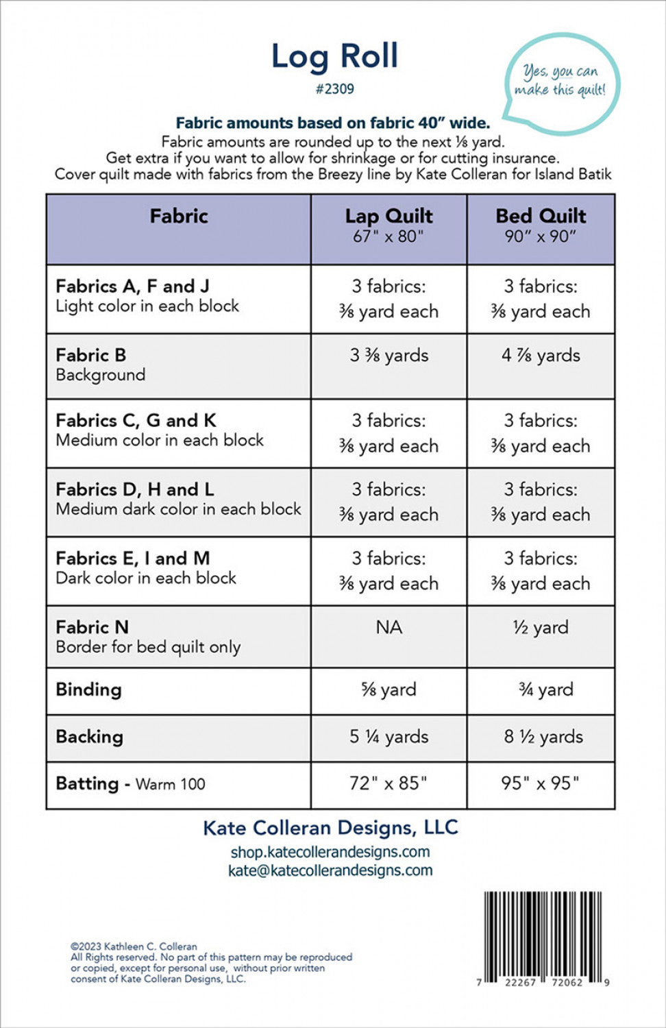 Log Roll Pattern - by Kate Colleran Designs